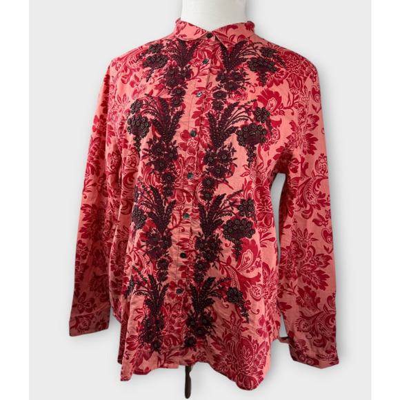 Sundance Embroidered Beaded Floral Button Up Shirt Long Sleeve Cotton XL Top - Picture 3 of 14